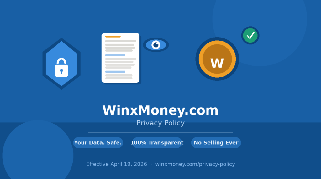 WinxMoney Privacy Policy banner showing data protection, security shield and transparent money blogging policy