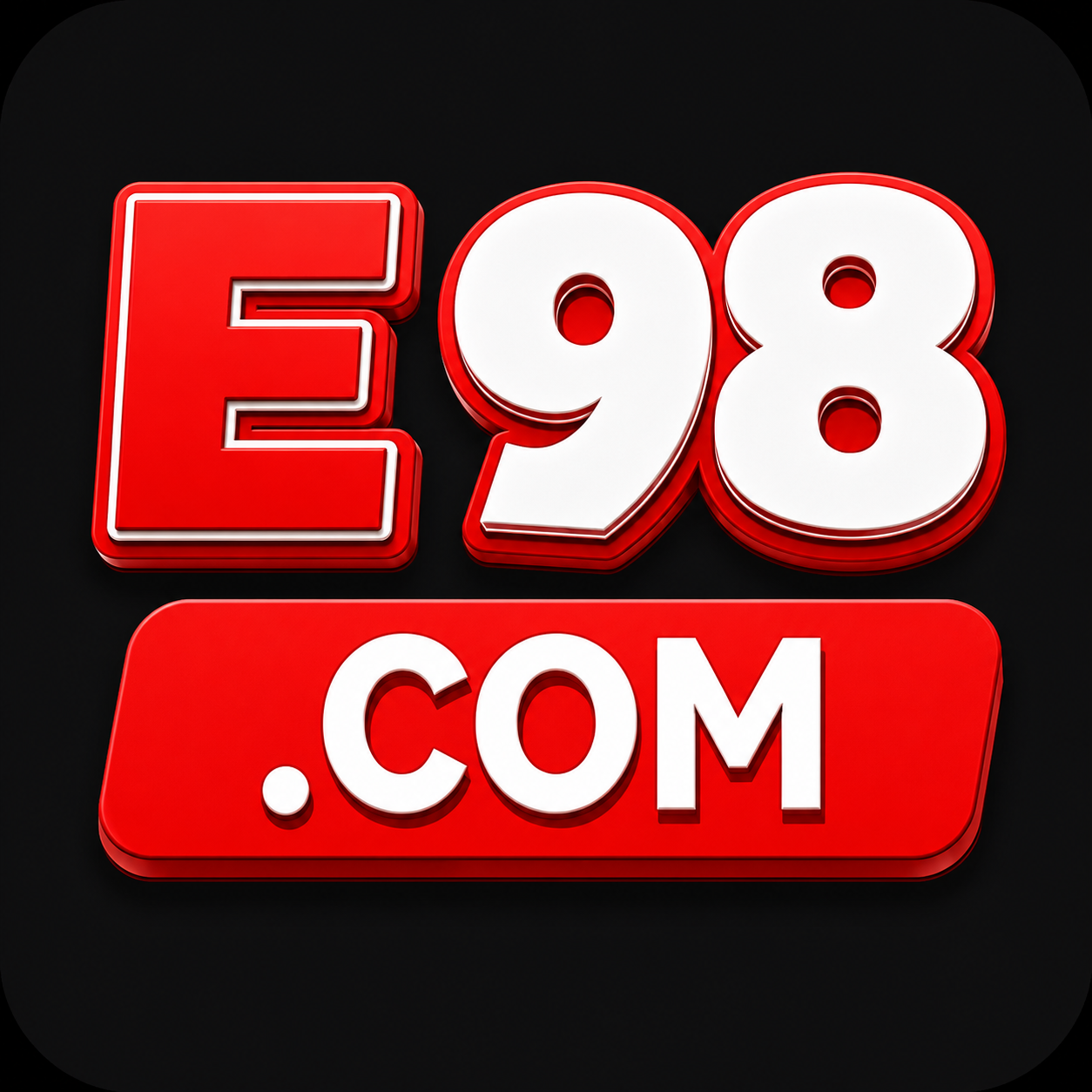 E98.COM logo with red and white 3D text on a black background