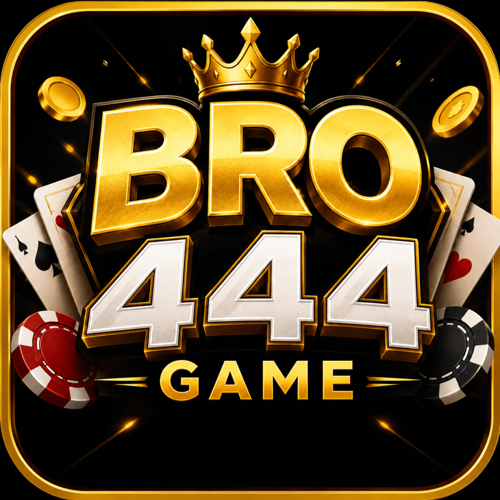BRO 444 Game logo with golden crown, poker chips, playing cards, and premium casino-themed design on a black background.
