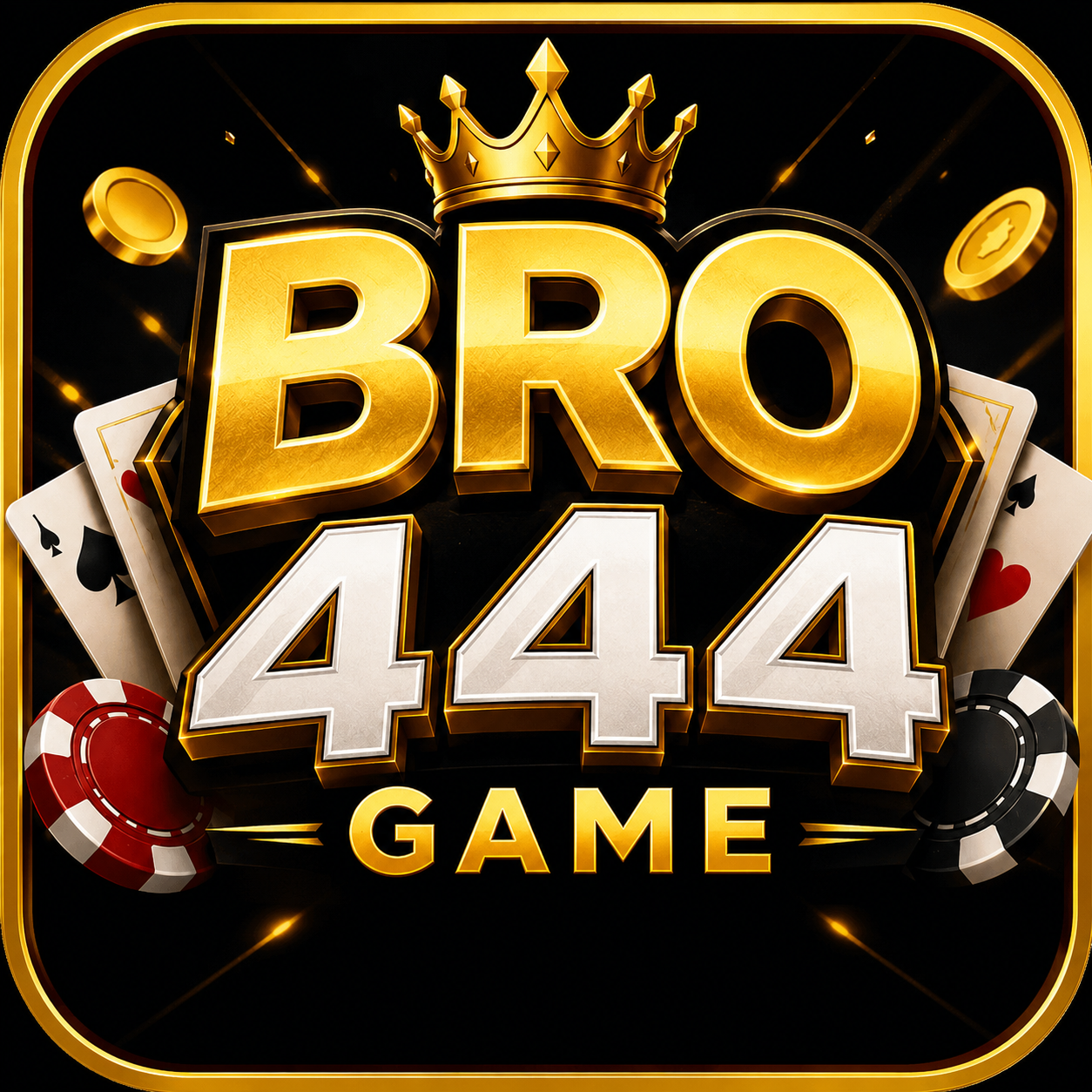 BRO 444 Game logo with golden crown, poker chips, playing cards, and premium casino-themed design on a black background.