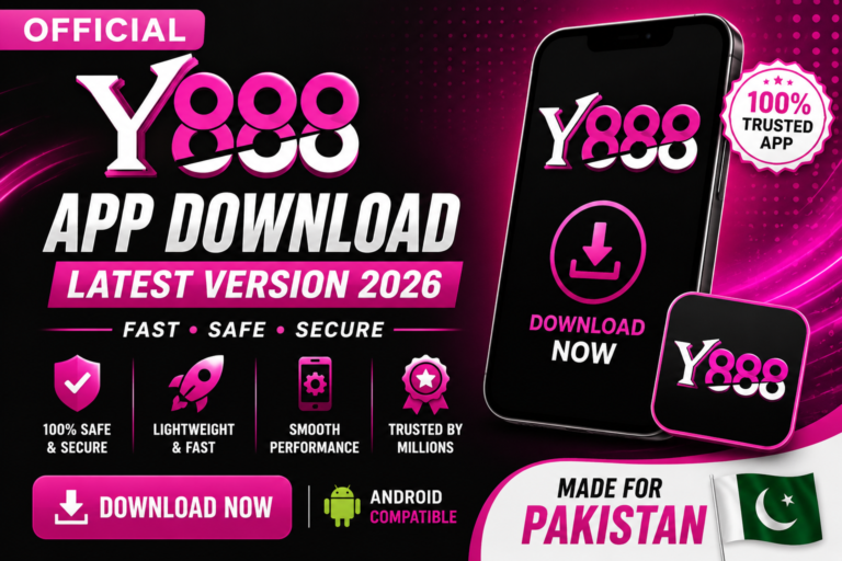 Y888 App Download Latest Version 2026 Pakistan promotional banner showing Android APK download and secure mobile app features.