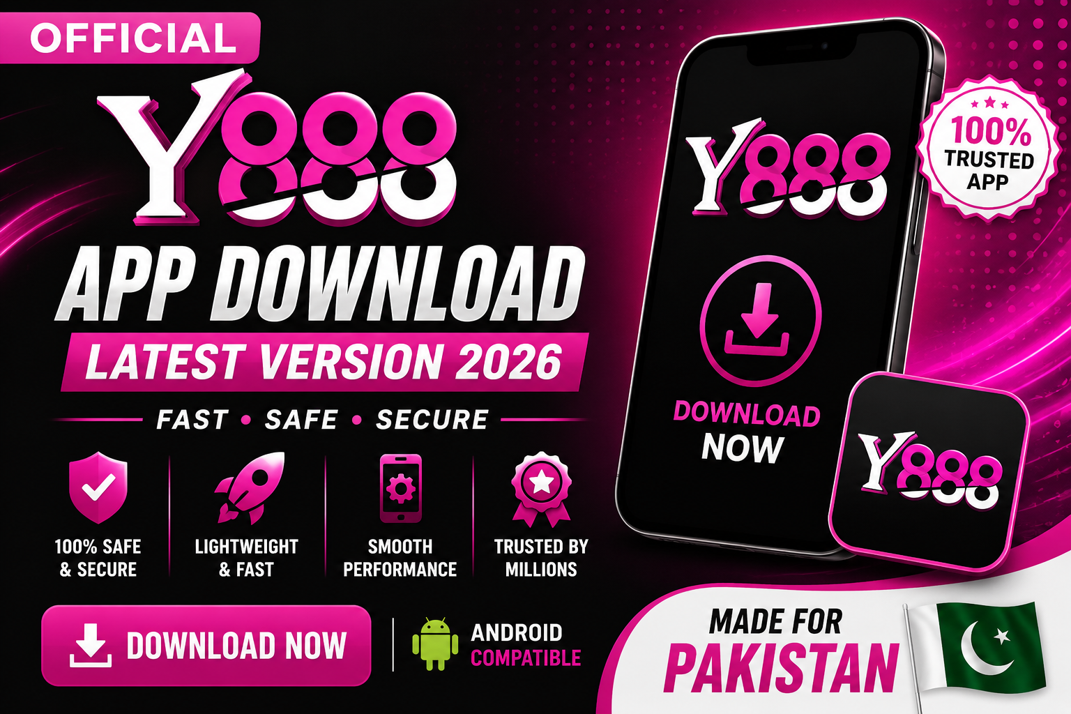 Y888 App Download Latest Version 2026 Pakistan promotional banner showing Android APK download and secure mobile app features.