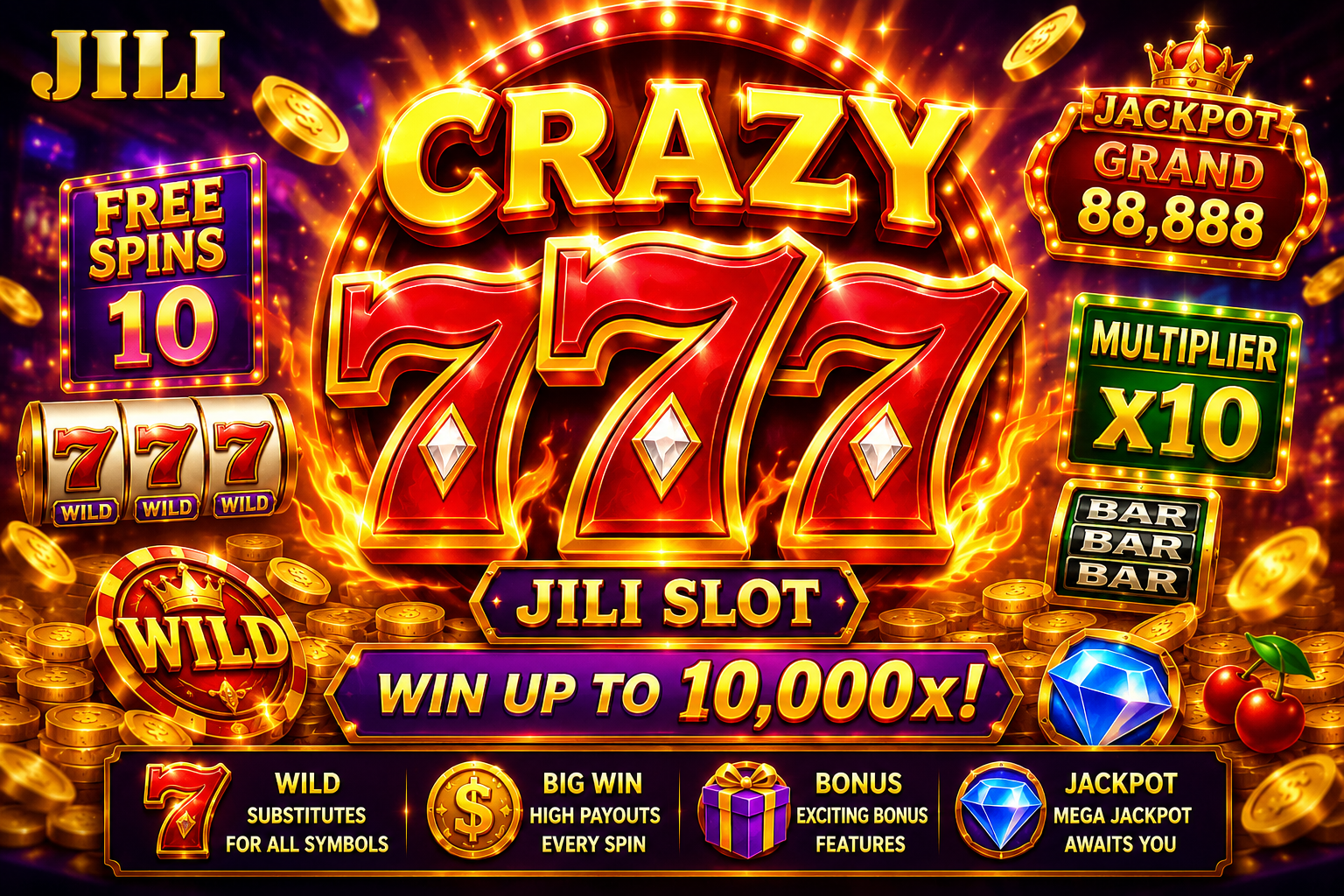 Crazy 777 JILI Slot game featuring triple 777 symbols, free spins, multipliers, jackpot rewards, and casino-themed graphics in 4K quality.