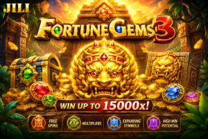 Fortune Gems 3 JILI slot game featuring golden gems, treasure chests, ancient temple treasures, and jackpot rewards in 4K quality.