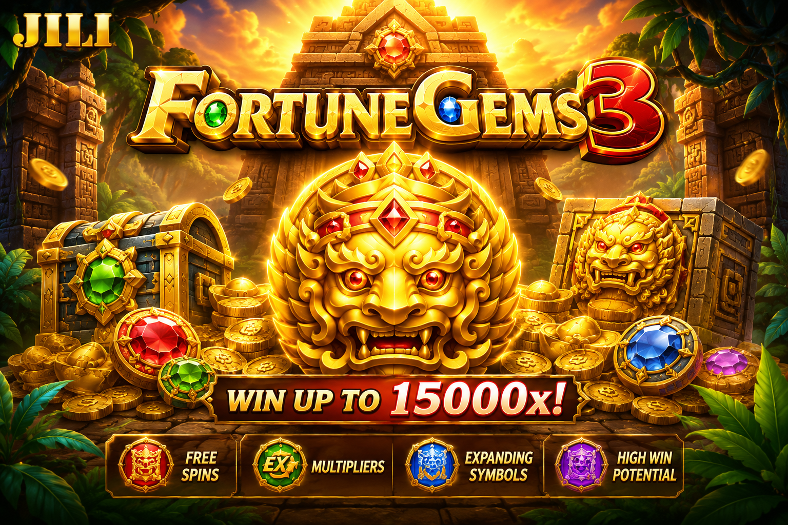 Fortune Gems 3 JILI slot game featuring golden gems, treasure chests, ancient temple treasures, and jackpot rewards in 4K quality.