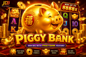 Piggy Bank JDB Slot game featuring a golden piggy bank, gold coins, jackpot rewards, and bonus features in 4K quality.