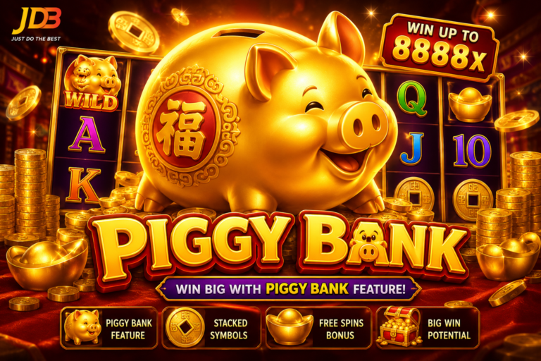 Piggy Bank JDB Slot game featuring a golden piggy bank, gold coins, jackpot rewards, and bonus features in 4K quality.