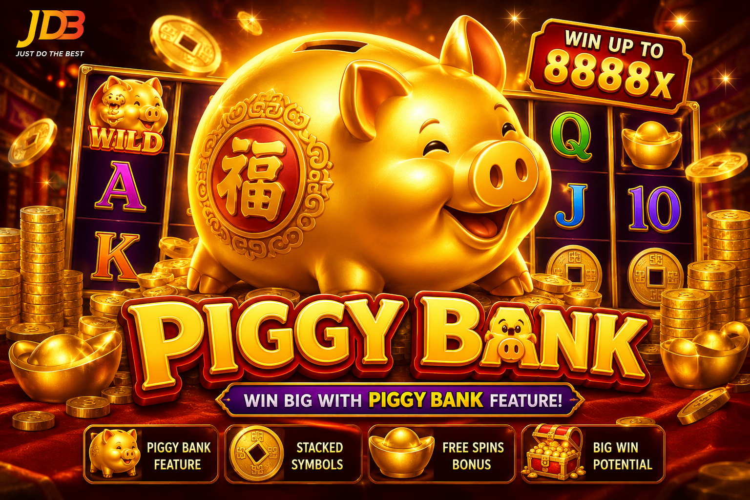 Piggy Bank JDB Slot game featuring a golden piggy bank, gold coins, jackpot rewards, and bonus features in 4K quality.