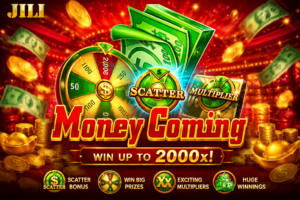 Money Coming JILI slot game featuring cash rewards, scatter bonus, multiplier wheel, gold coins, and jackpot prizes in 4K quality.