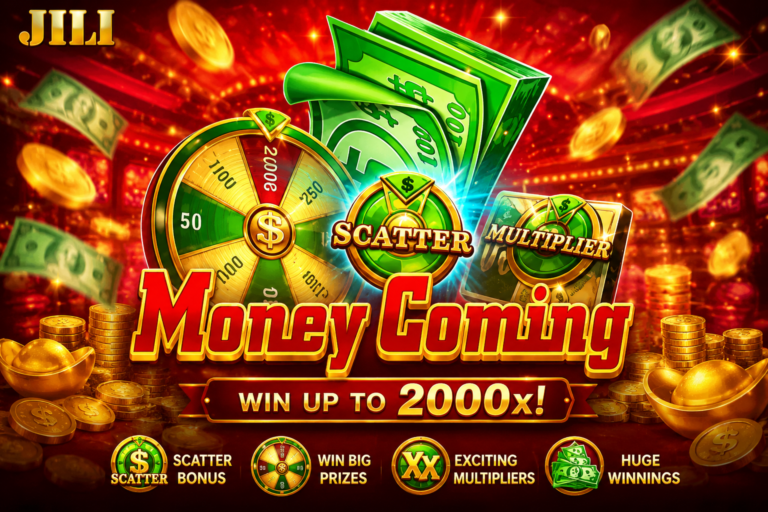 Money Coming JILI slot game featuring cash rewards, scatter bonus, multiplier wheel, gold coins, and jackpot prizes in 4K quality.
