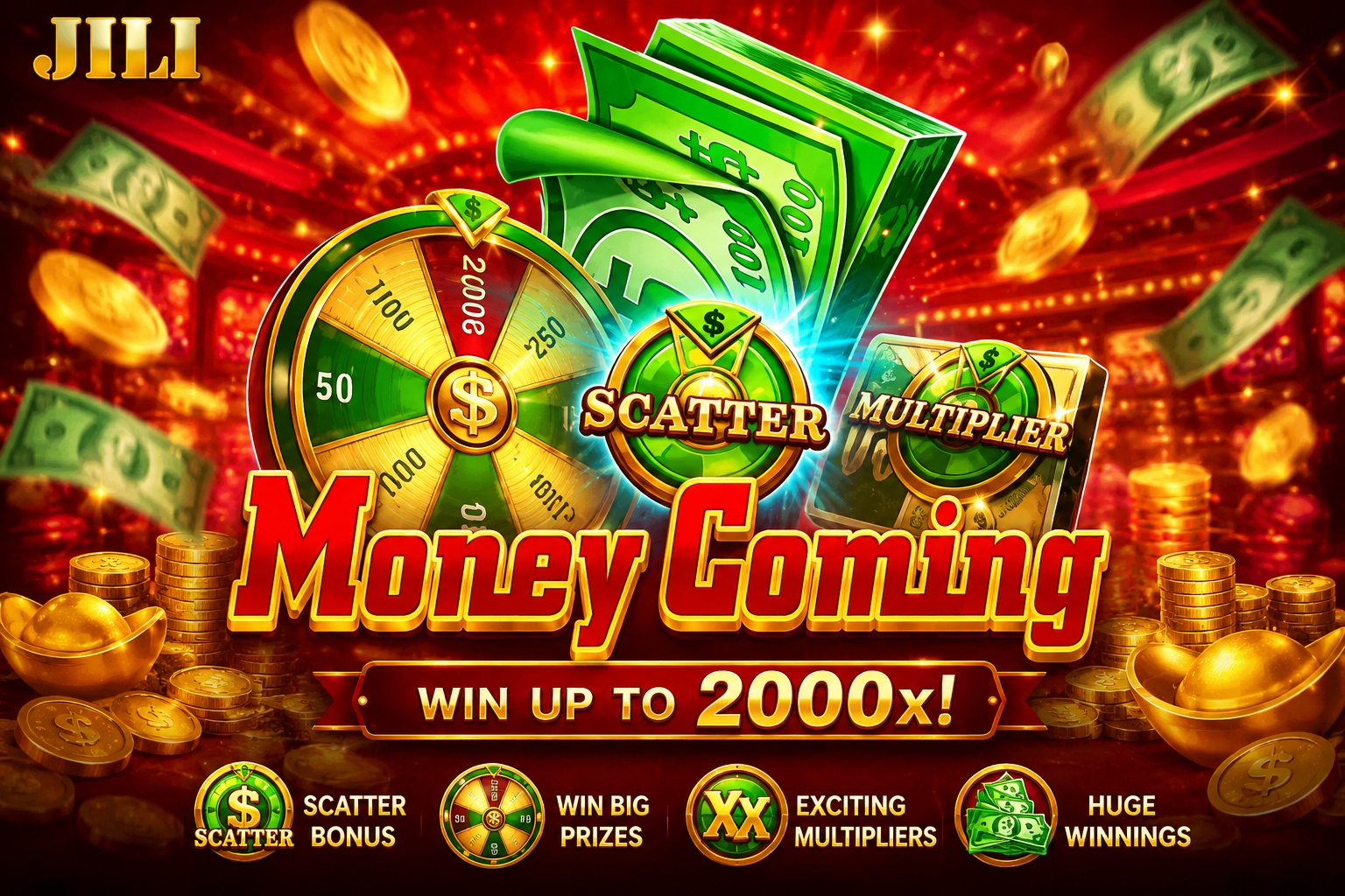 Money Coming JILI slot game featuring cash rewards, scatter bonus, multiplier wheel, gold coins, and jackpot prizes in 4K quality.