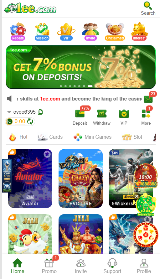 1EE Game App homepage showing casino games, Aviator, slots, card games, mini-games, missions, VIP rewards, deposit and withdrawal options for 1EE Pakistan users.