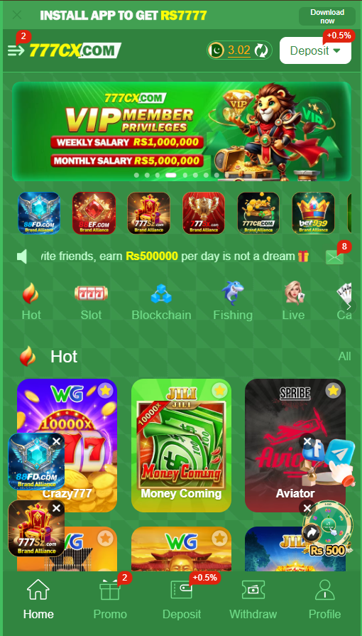 777CX Game home screen showing VIP rewards, casino games, and deposit and withdrawal options