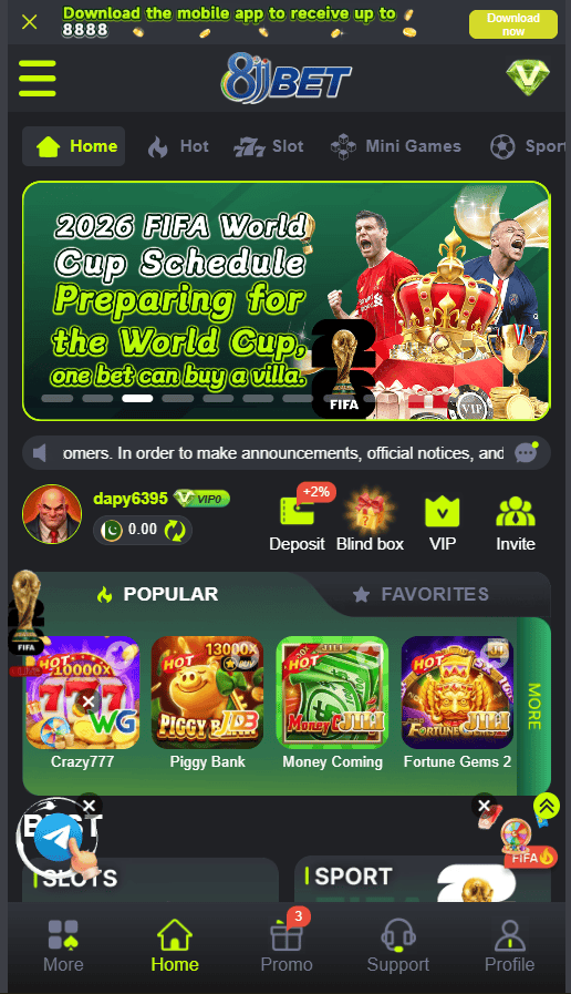 8JJ Game home screen with casino games and sports section