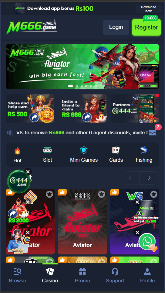 m666 download APK for Android showing home screen and casino games