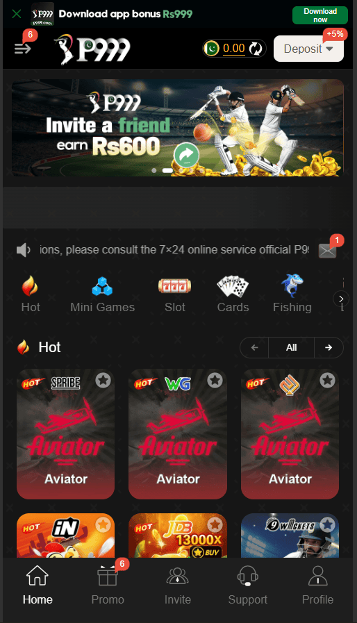 P999 Game home screen showing casino games, slots, cards and fishing games